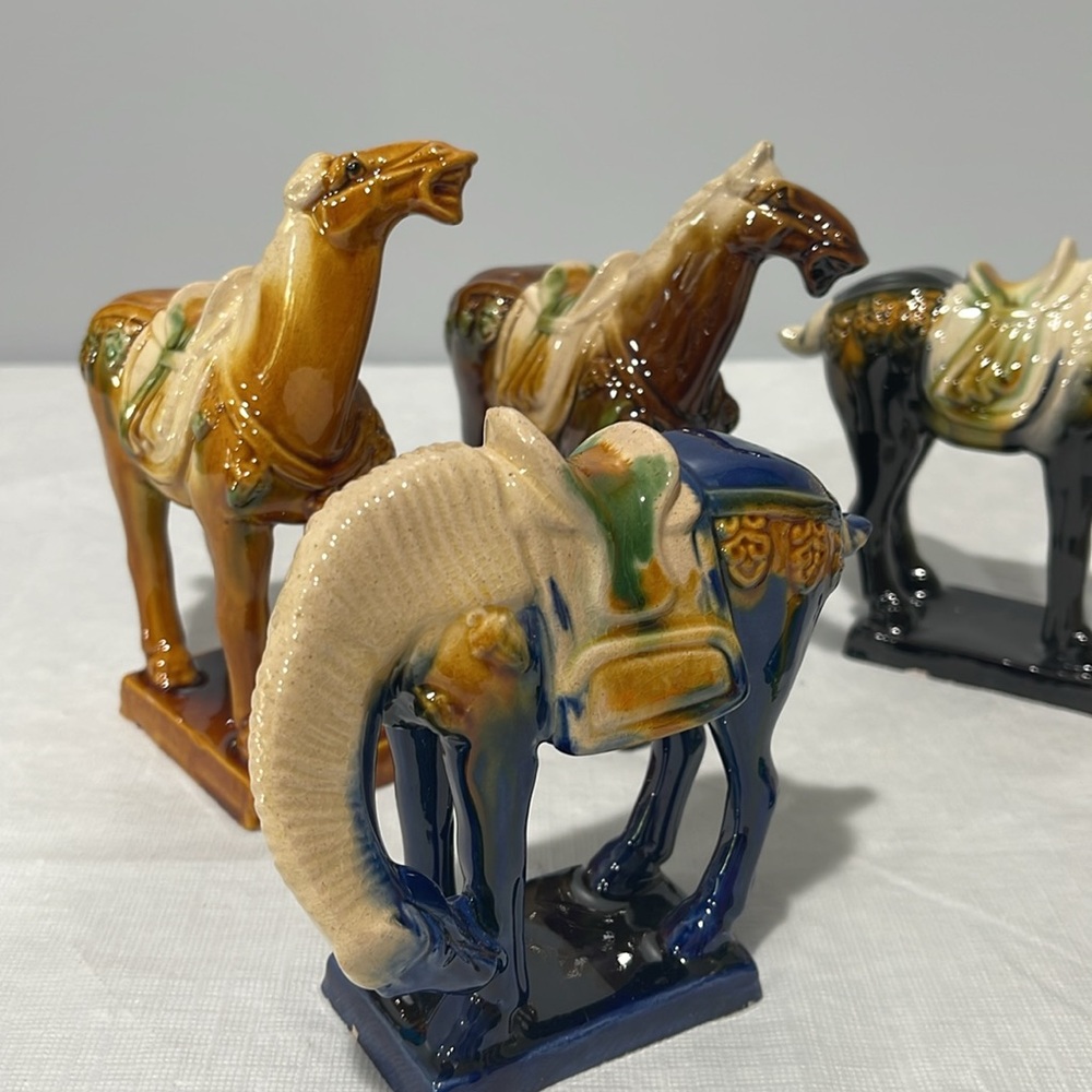 Vintage Chinese Tang Dynasty Majolica Sancai Drip Glaze War Horses set of 6 - Picture 2 of 16